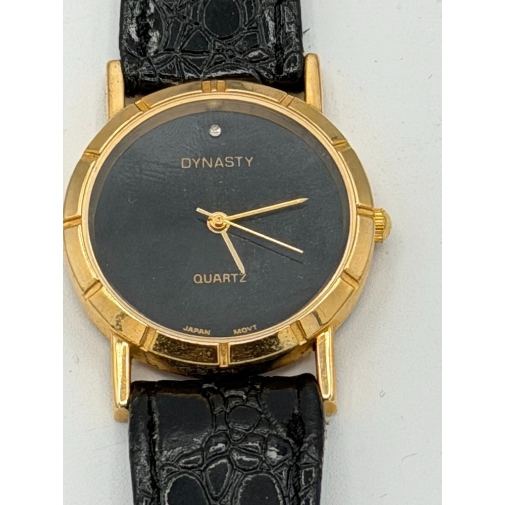 Dynasty Quartz Watch Gold Tone Black Dial Japan Movt Leather Band Working